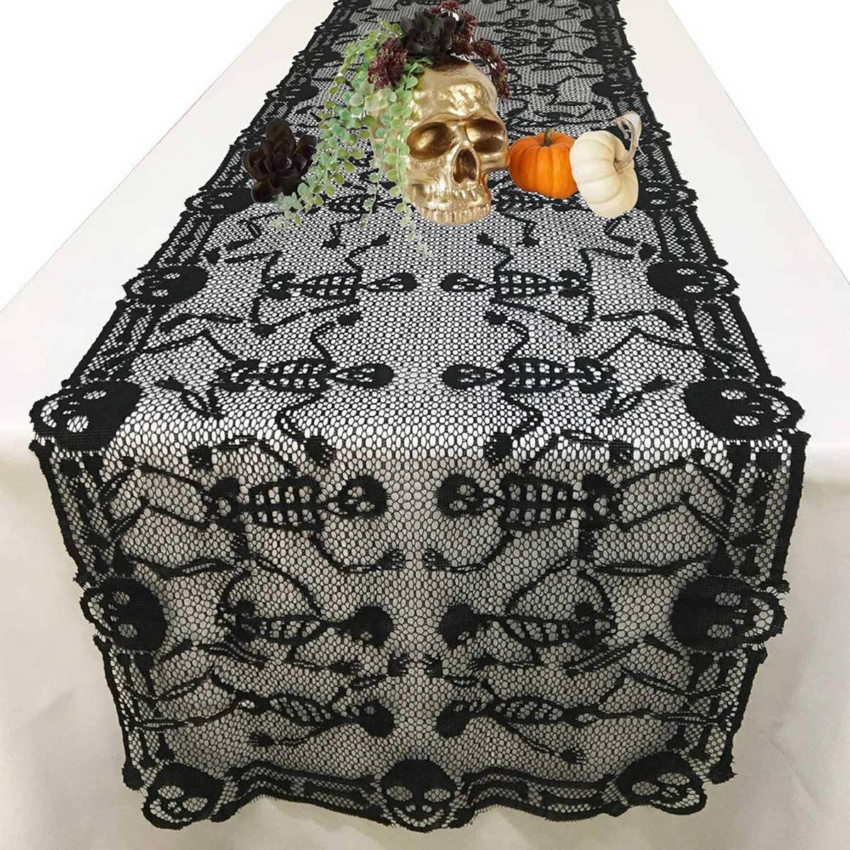 Black HALLOWEEN TABLE RUNNER LACE SKULL TABLE RUNNER_CWMM1729 for wholesale on Faire3