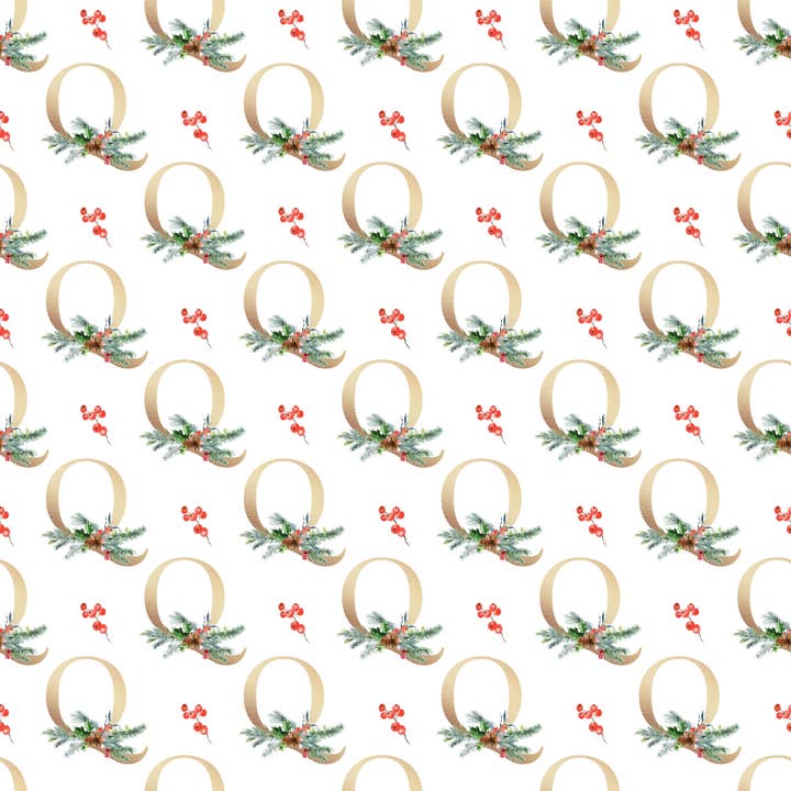 Papier d'emballage blanc Monogram Q de Noël | Respectueux de l'environnement pour la vente par Waterleaf Paper Co.