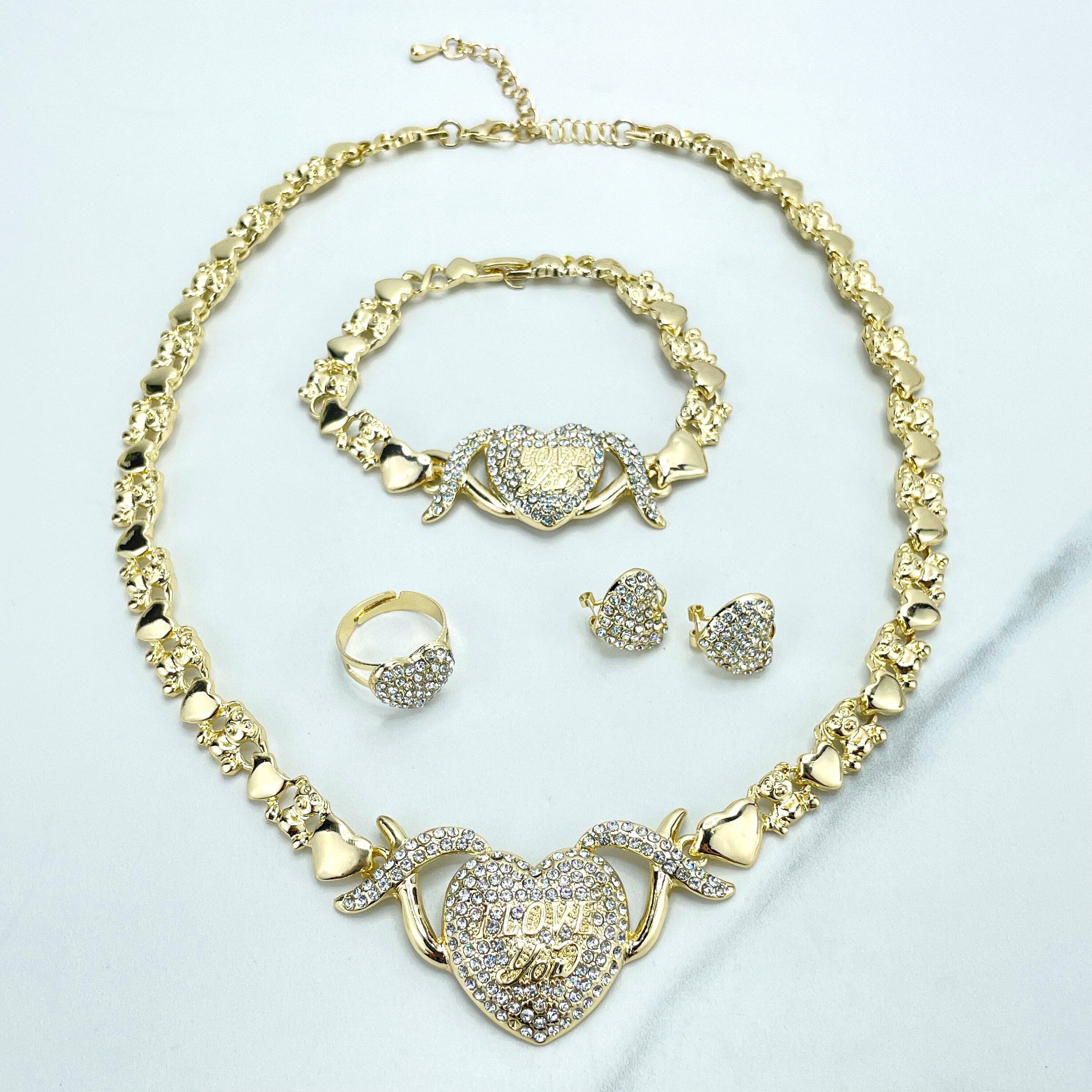 DIJU Jewelry – wholesale Jewellery set – 18k Gold Filled "I Love You" CZ Heart Charms, XoXo and Teddy Bear Linked Chain Set, Necklace, Bracelet, Earrings & Ring, Wholesale Jewelry4