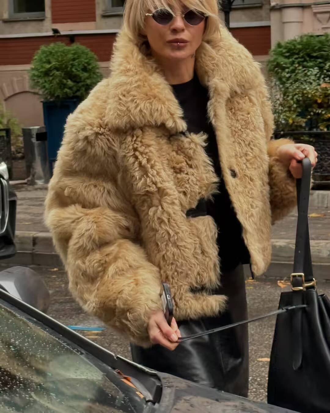 KHAKI Lapel long-sleeved single-breasted faux fur coat for wholesale on Faire1