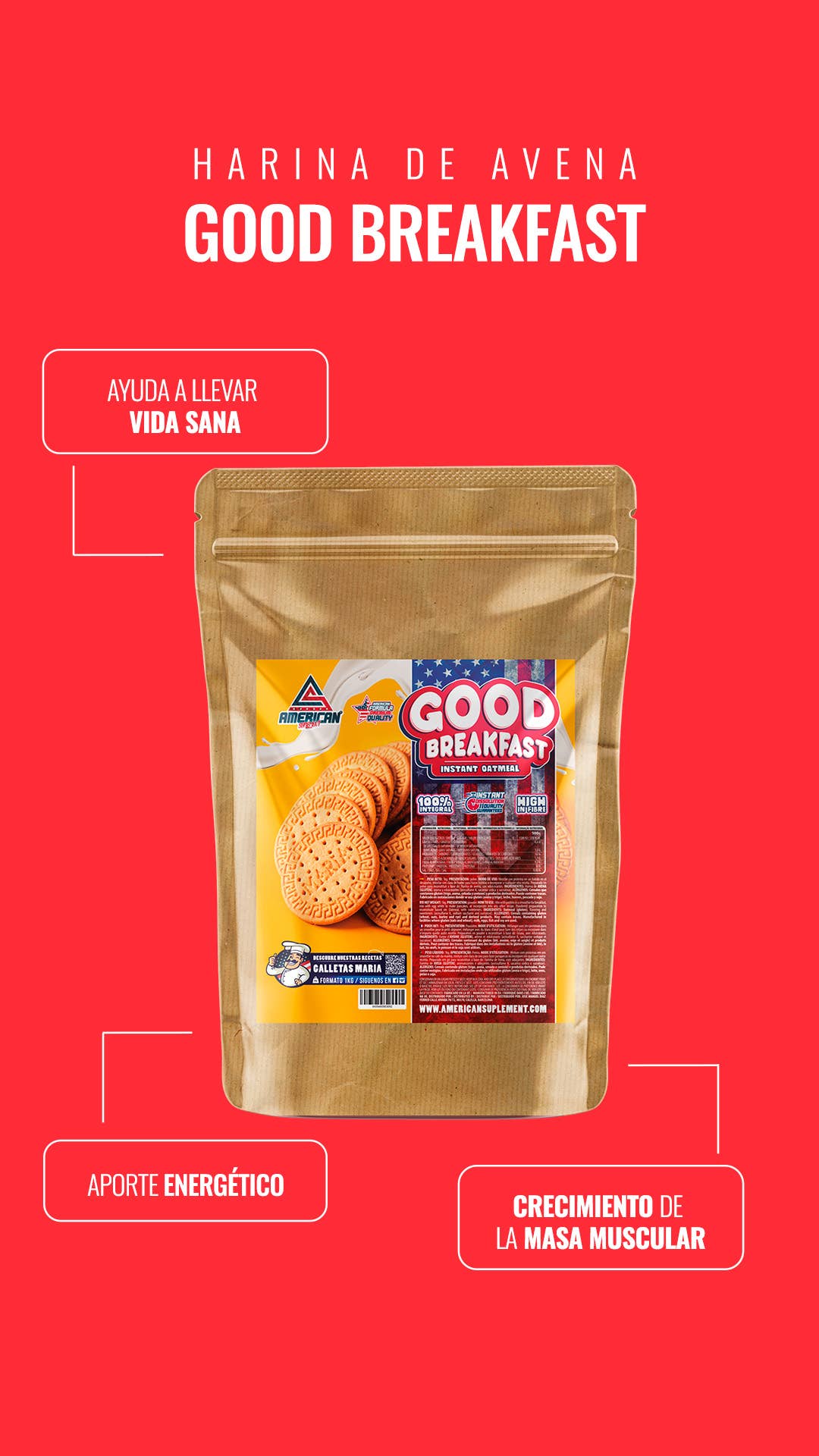 AMERICAN SUPLEMENT S.L. - Vendita all'ingrosso Proteine/superfood in polvere - American Supplement | Farina integrale d'avena 1 kg1