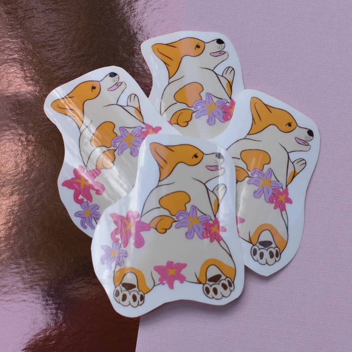 Corgi Butt with Lillies Waterproof Handcut Sticker - Laptop / Phone / Ipad / Stationary for wholesale by Meza Studios LLC