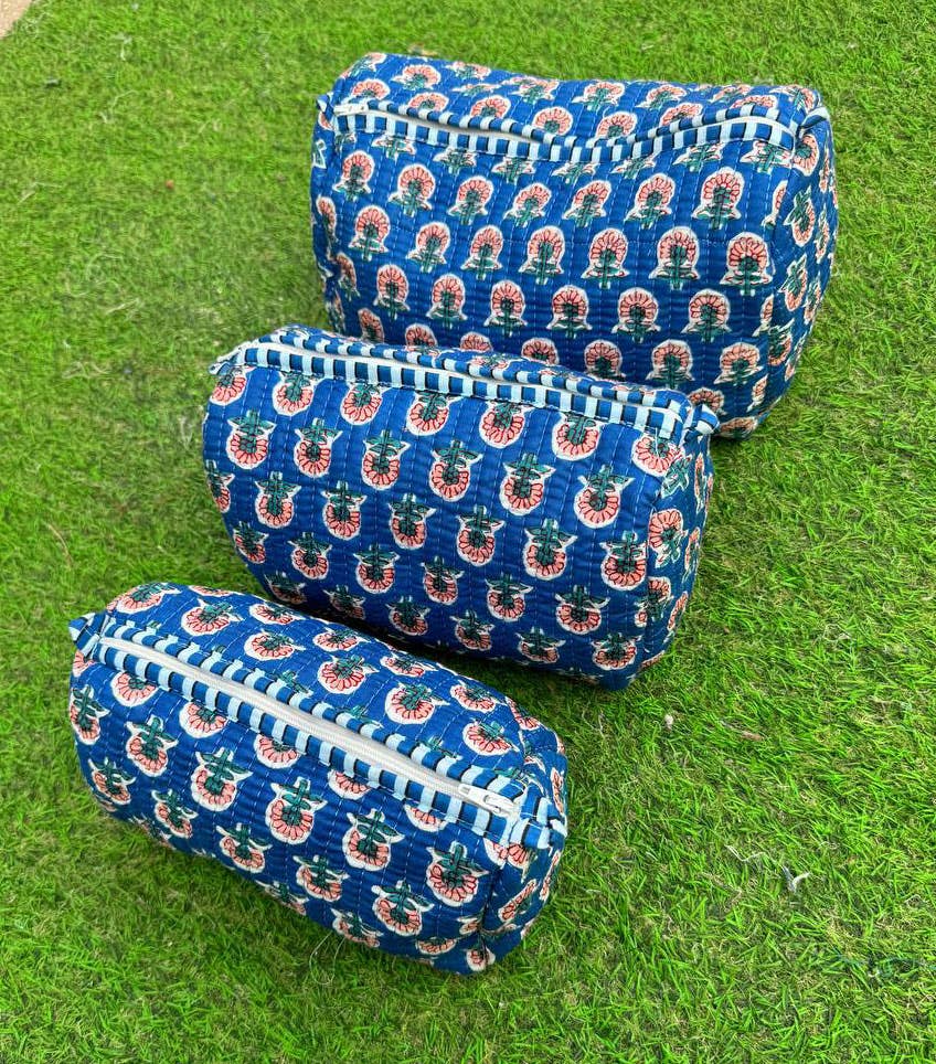 bhavnas boutique - Wholesale Makeup/Cosmetic Bag - Blue Cotton Cosmetic Bag Floral Print Quilted Bag Travel Bag2