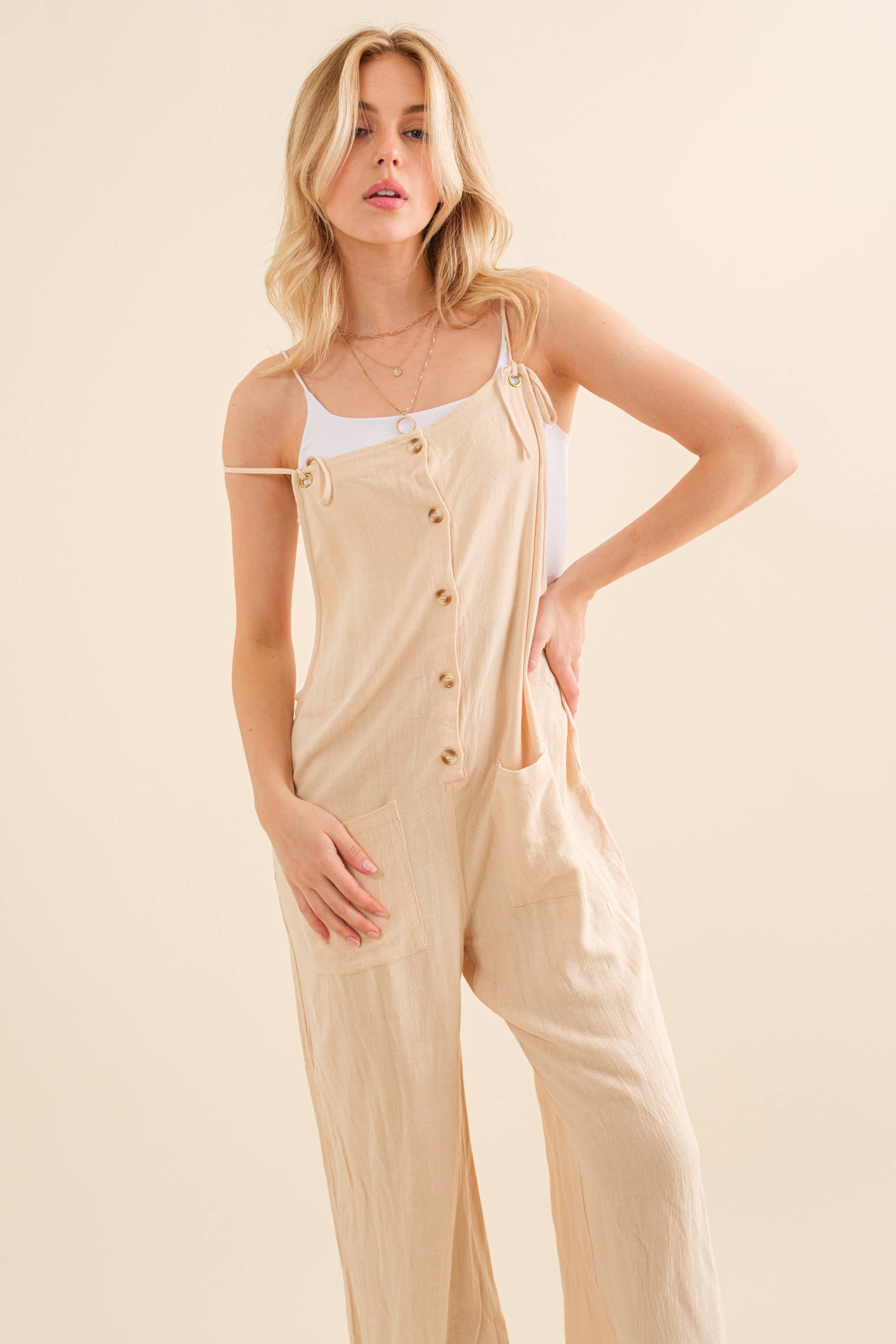 Blue B - Wholesale Jumpsuit - Women's - 32648R -Linen Feel Woven Tie Strap Button Up Pocket Jumpsuit8