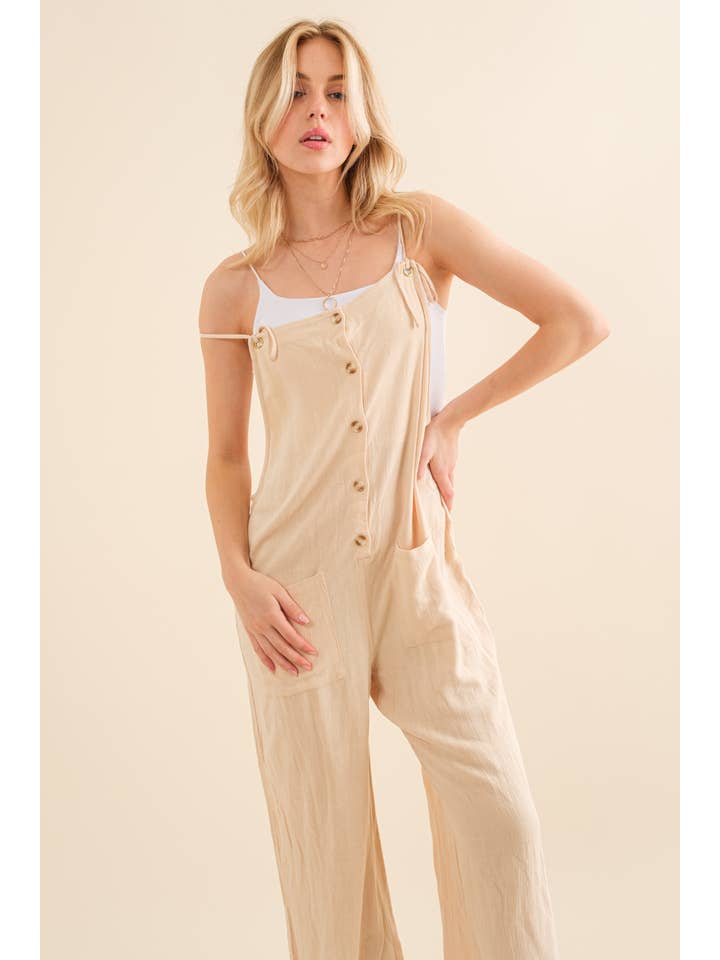 Blue B - Wholesale Jumpsuit - Women's - 32648R -Linen Feel Woven Tie Strap Button Up Pocket Jumpsuit8