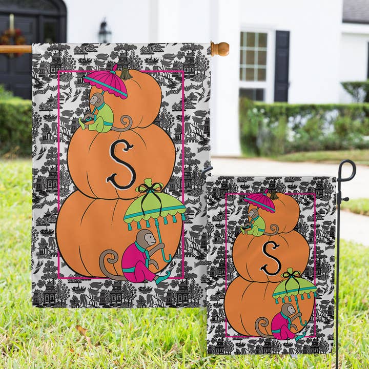 Personalized Monogram Initial Flag, Fall Chinoiserie Monkey for wholesale by Boutique Monogram