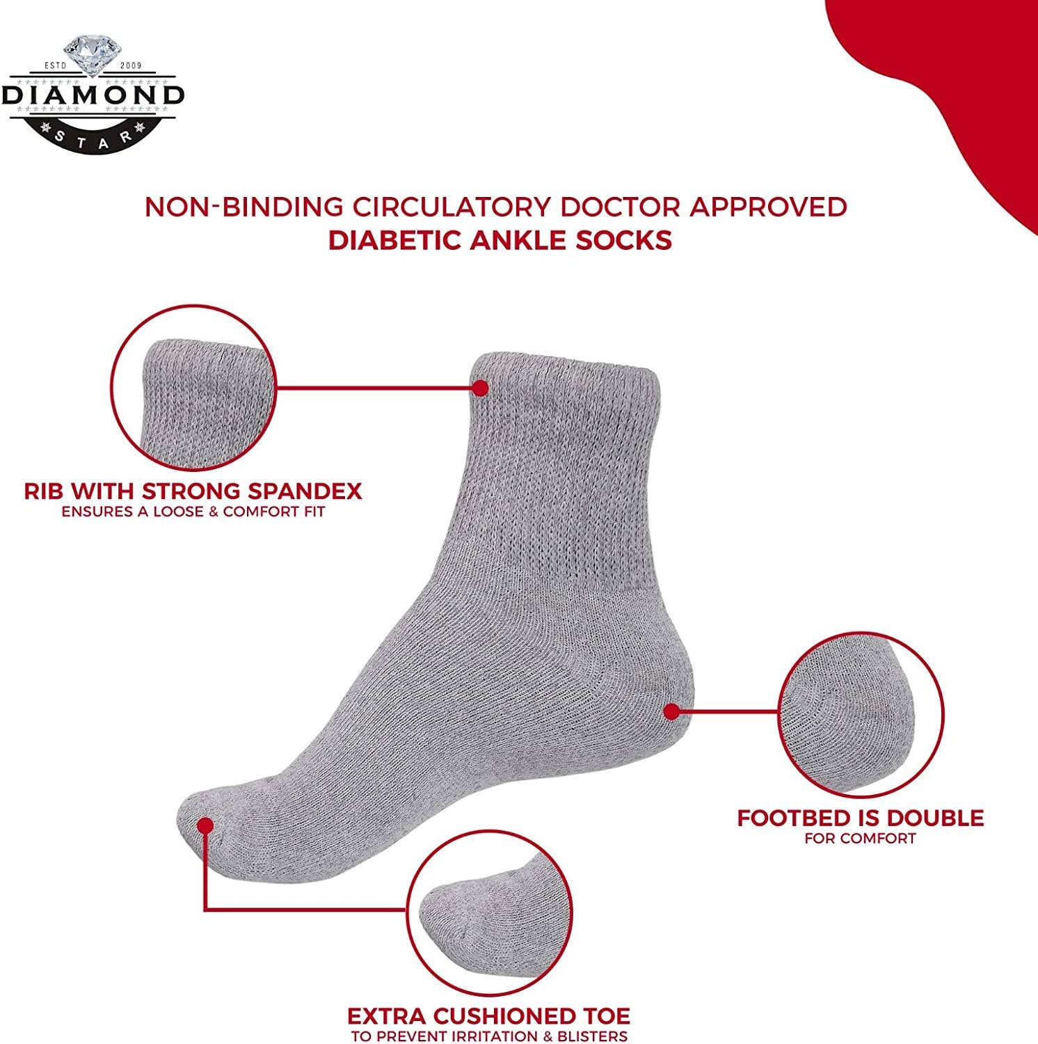 VINCO GROUP - Wholesale Socks - Unisex - Diabetic Ankle Socks, Non-Binding Circulatory Doctor Approved Cushion Cotton Quarter Socks for Men’s Women’s.10