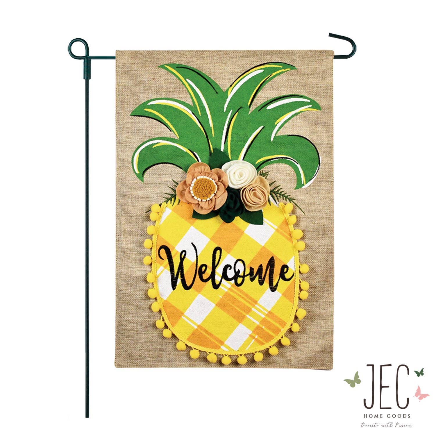 JEC Home Goods Inc - Wholesale Flag - Pineapple Pom Pom Welcome Burlap 2-Sided Garden Flag