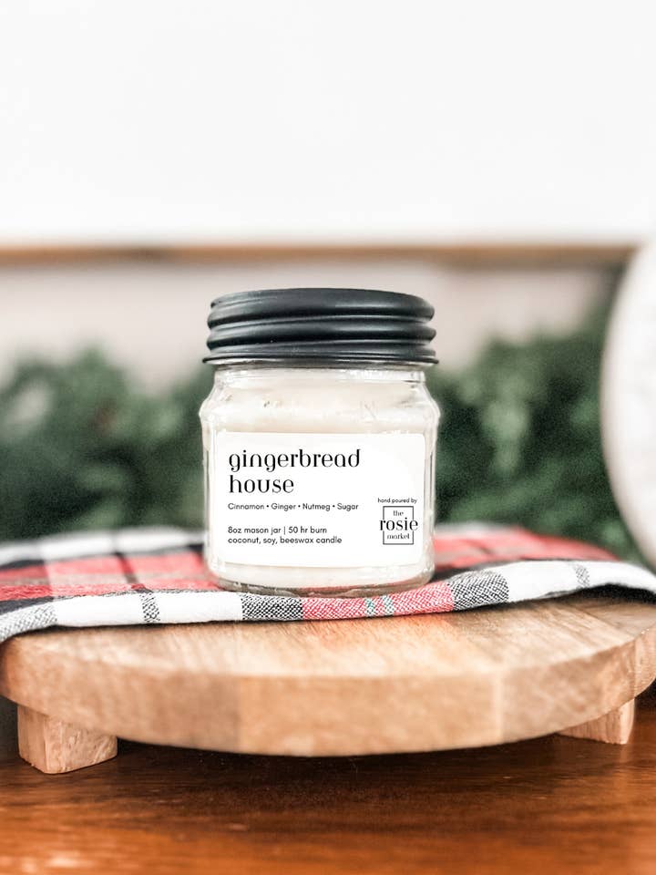 Gingerbread House 8oz Mason Jar Candle for wholesale by The Rosie Market