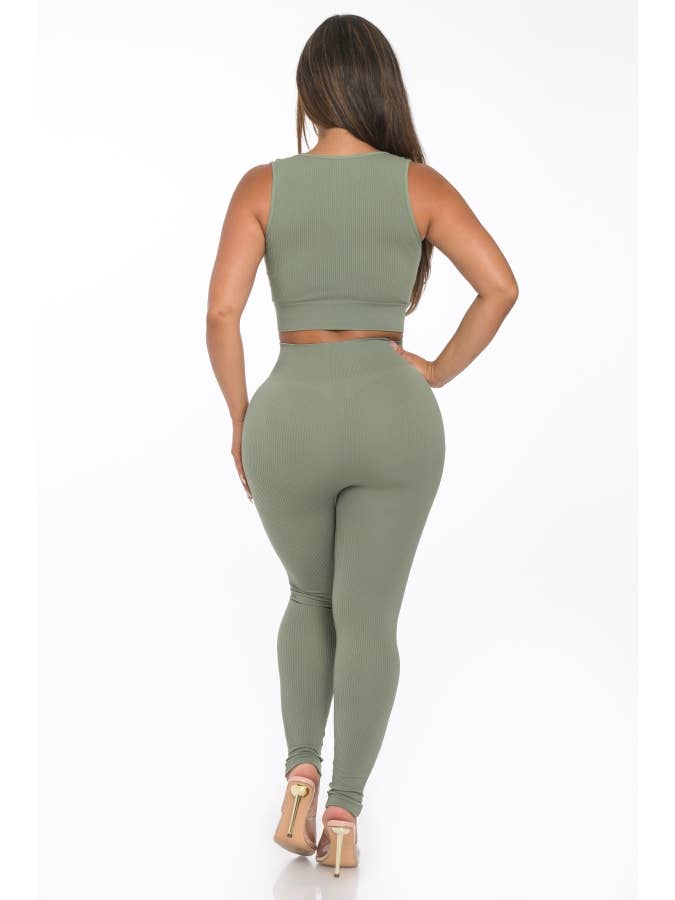 Lime All the Time - Wholesale Lounge Set - Women's - 2 Pcs Seamless Notch U Neckline Tank Top and Legging Set3
