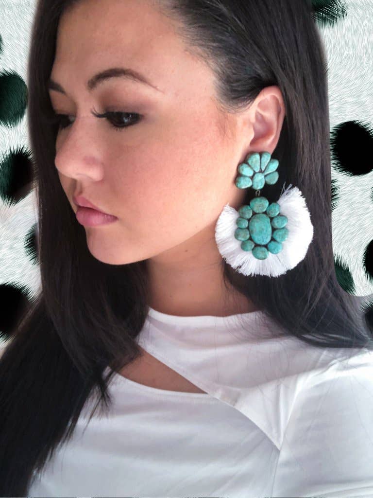 Nomadic Brunette - Wholesale Dangle Earrings - The Roan Earrings - Turquoise With White Fringe2