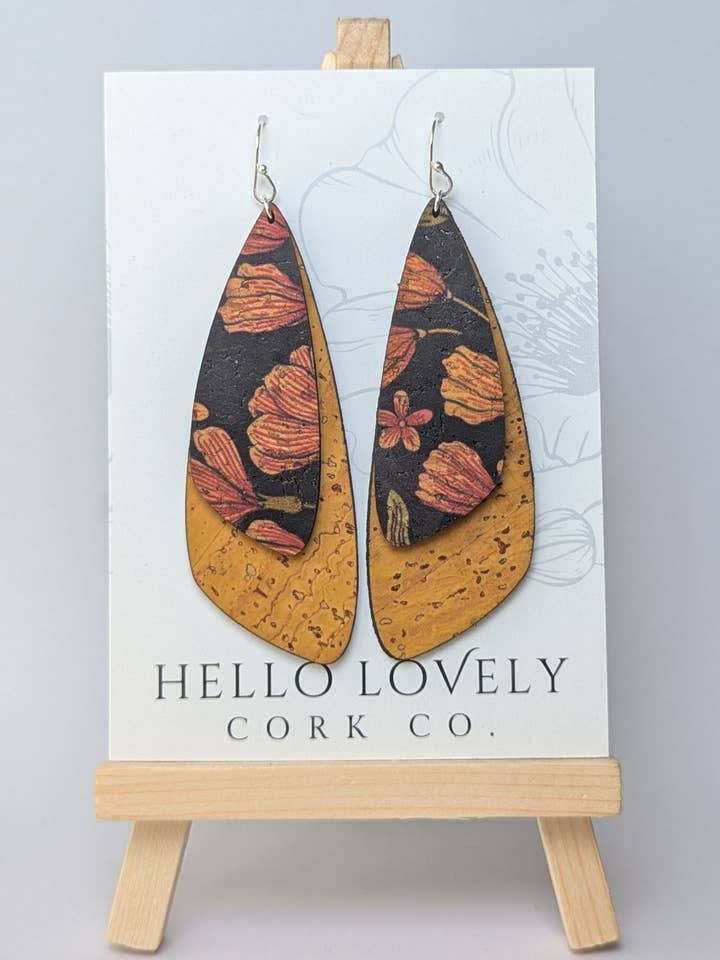 Dragonfly Earrings - Floral on Black with Ochre for wholesale by Hello Lovely Cork Co.
