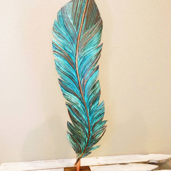 24" Hand-tooled Copper Feather with Stand for wholesale by Timber Lane Studio