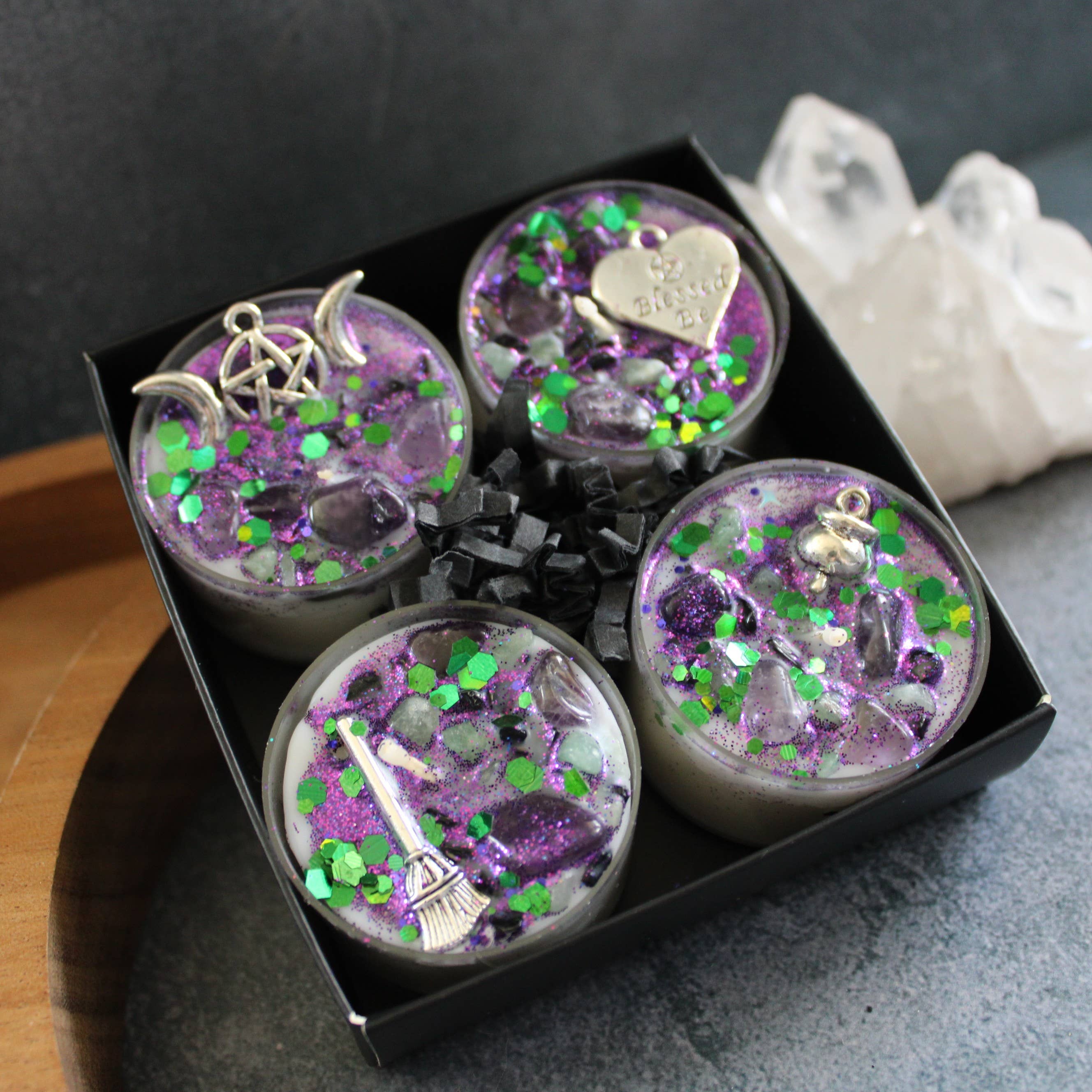 Moondust and Raven – wholesale Tea light candles – Witchy Woman Tealight Crystal Candles, Ritual Candles3