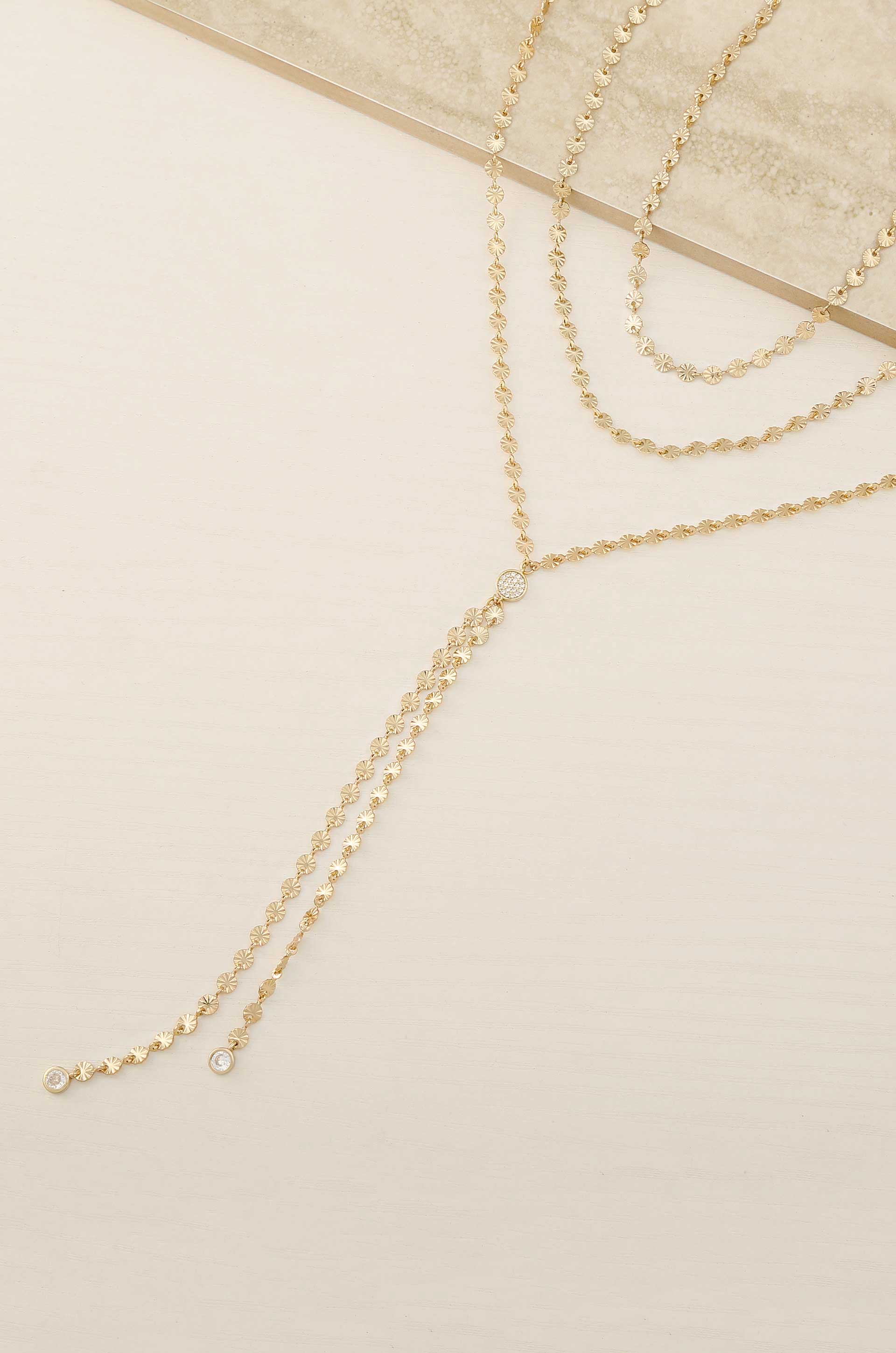 Ettika – wholesale Y-neck/lariat necklace – Royal Layered 18k Gold Plated Chain Lariat Necklace1