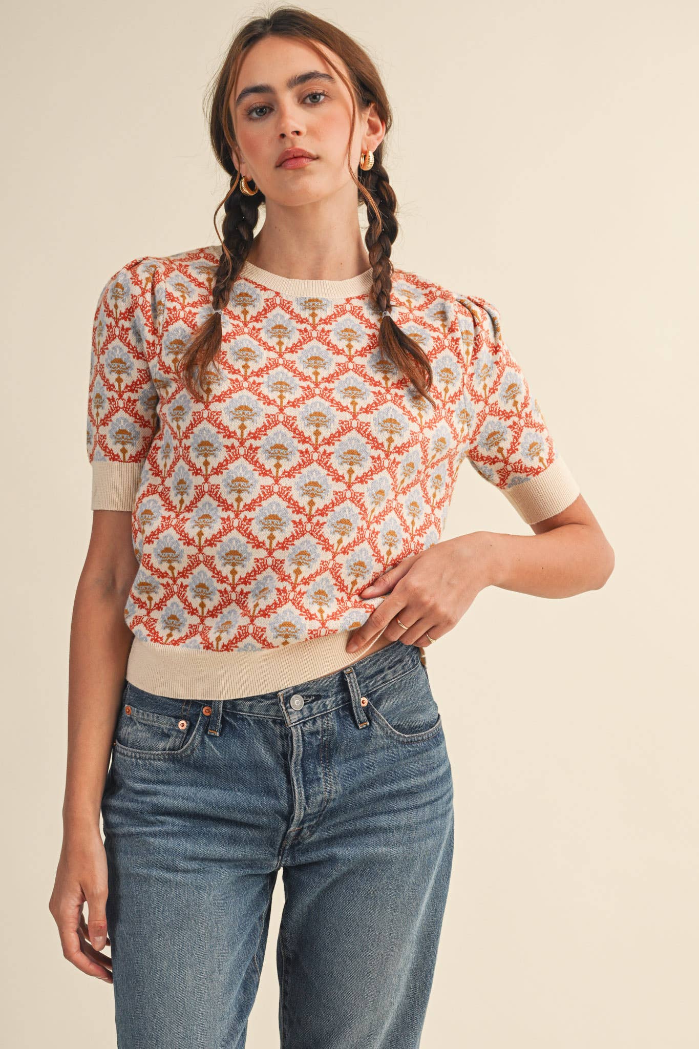 &MERCI - Wholesale Knit Sweater - Women's - FLORAL PATTERN SHORT SLEEVE SWEATER MSW1086046