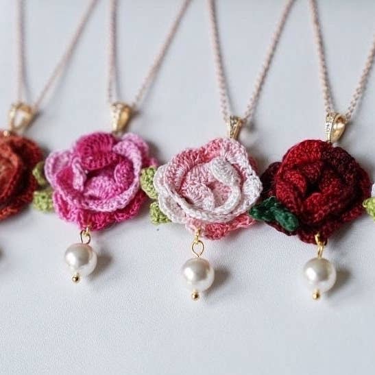 Handcrafted Crochet Rose Pearl Necklace with 14k Gold Charms for wholesale by NYU NYU jewellery