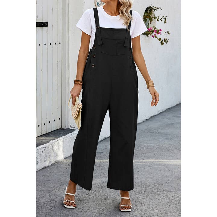 GREEN Solid Square Neck Button Trim Pockets Jumpsuit for wholesale on Faire9
