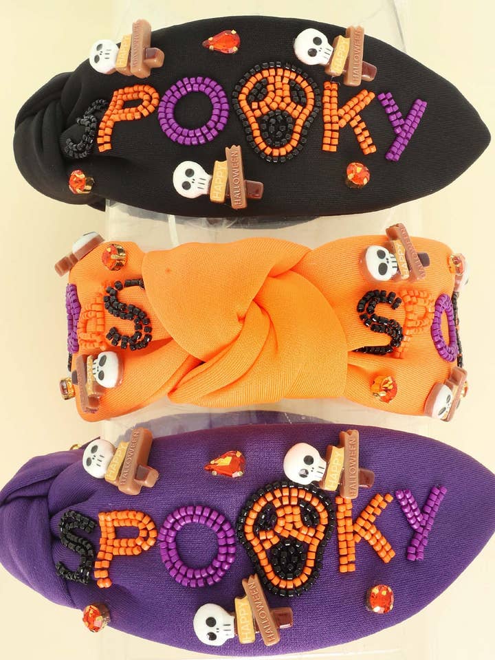 Halloween “Spooky” Crystal Seed Beaded Skull Knot Headband for wholesale by SP Sophia Collection