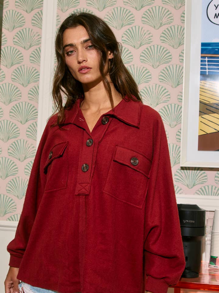 T1578A Collared Big Pockets Oversized Solid Top for wholesale by BUCKETLIST