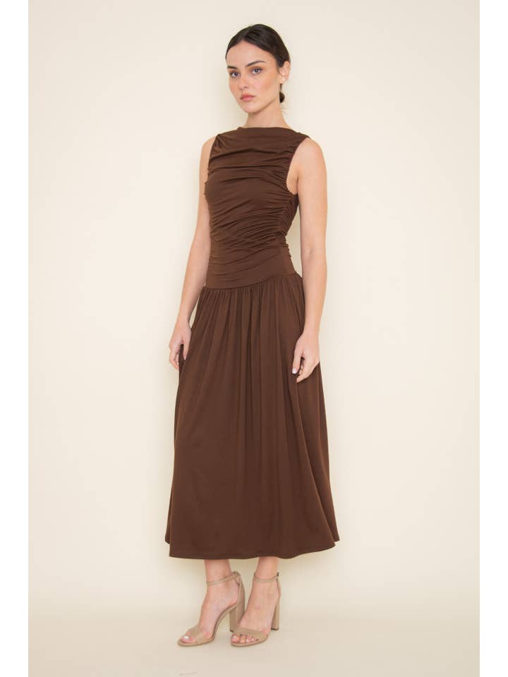 Brown ÄRMELLOSES MAXIKLEID AUS JERSEY-MODAL MIT RAFFUNGEN - DD10171FO für den Großhandel auf Faire4