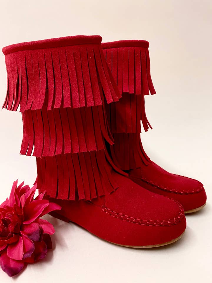 Red Suede Tiered Fringe Boots By Liv and Mia for wholesale on Faire0