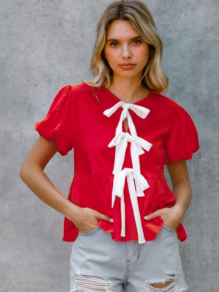 Kori America - Wholesale Blouse - Women's - PUFF SHORT SLEEVE GAME DAY BABYDOLL TOP