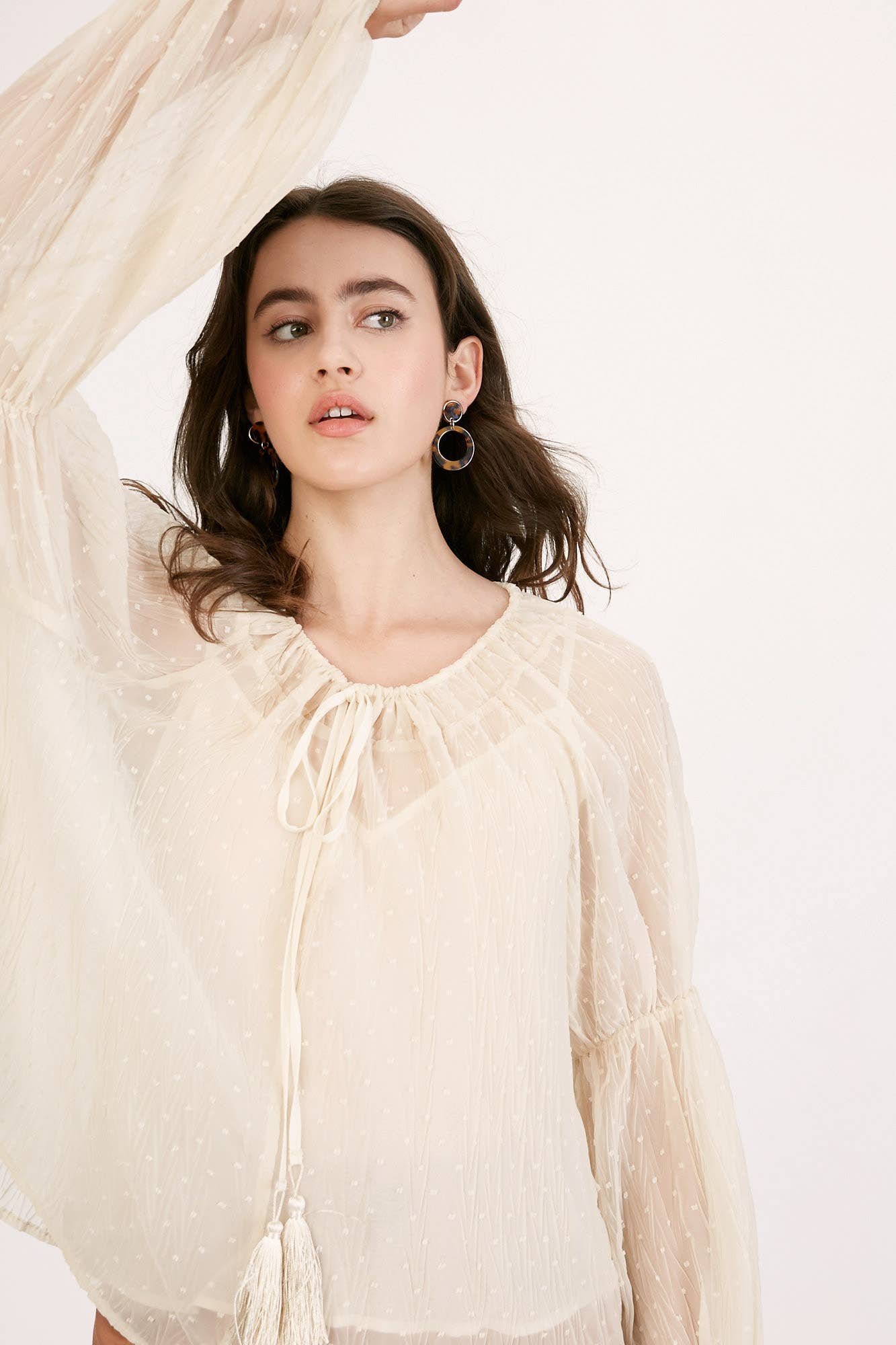 Champagne Swiss Dot Tassel Tie Blouse LT1016 for wholesale on Faire0