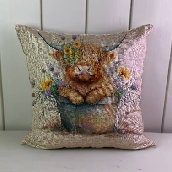 Highland Cow Spring Summer flowers Art Linen Cushion Cover for wholesale by Hills Of Fabric