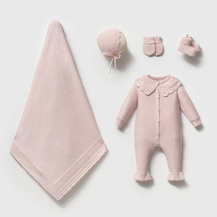 Flicka 5-delars stickat set i ull och bomull – 0-3M Nyfödd för wholesale av Omnis Pura