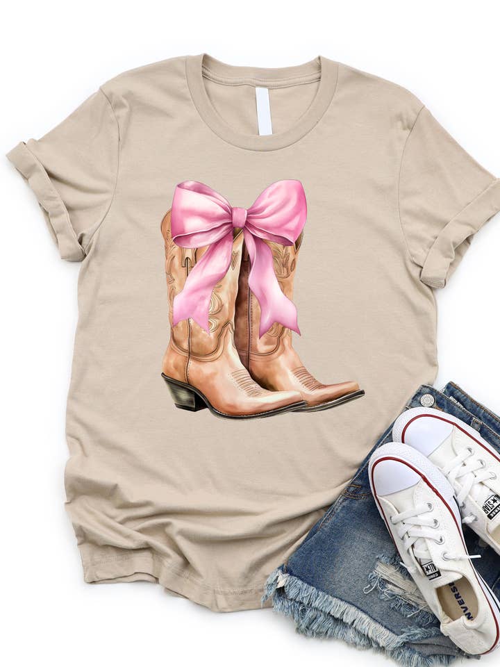 Tickled Teal - Wholesale Screen Printed T-Shirt - Women's - Cowgirl Boots with Bow Graphic Tee | Coquette2