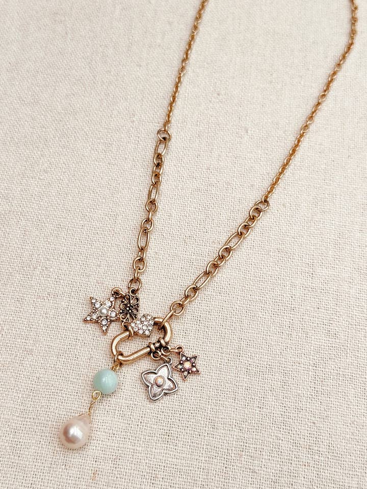 Amazonite Gemstone Charm Necklace with Pearl – Gold for wholesale by Gracie Rose Designs