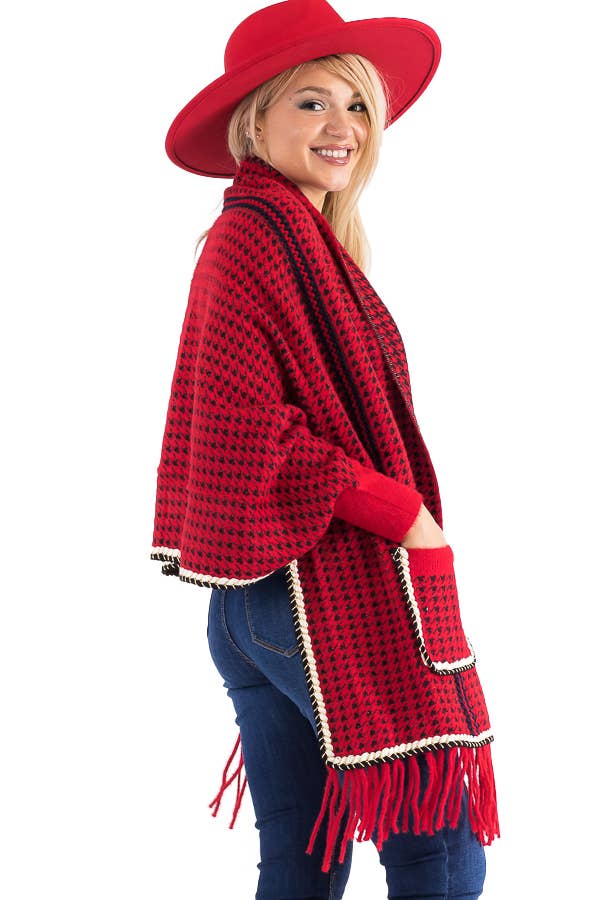 Cap Zone - Wholesale Poncho - Women's - Narrow Tri-Stripe Houndstooth Cardigan Sweater Poncho10