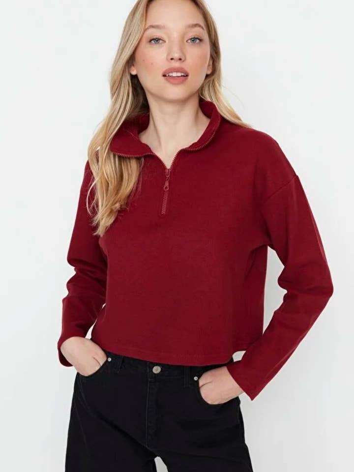 Knitted-Look Zip Collar Regular Fit Sweatshirt for wholesale by Hoxton Gal