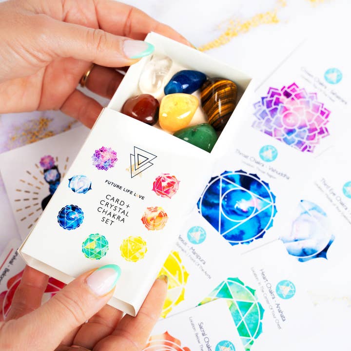 Chakra Card Set With 8 Cards and 7 Crystal Set White Box for wholesale on Faire11