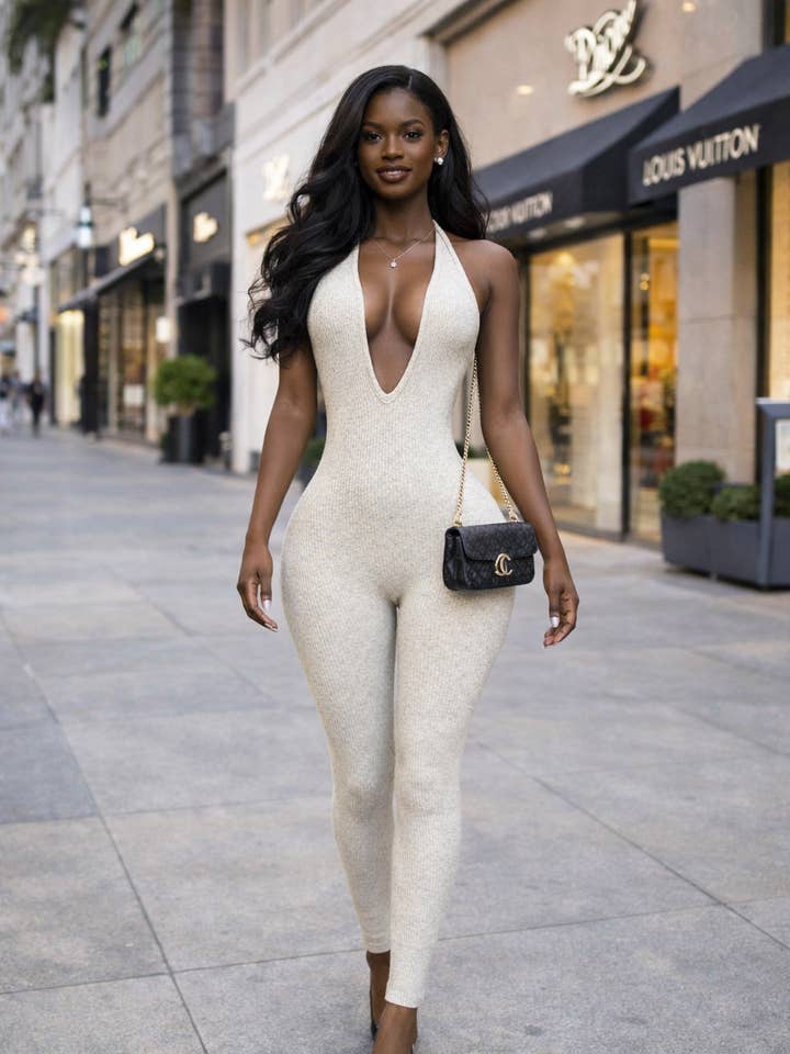 RIB KNIT OPEN BACK TIE HALTER JUMPSUIT for wholesale by Dalia Studio