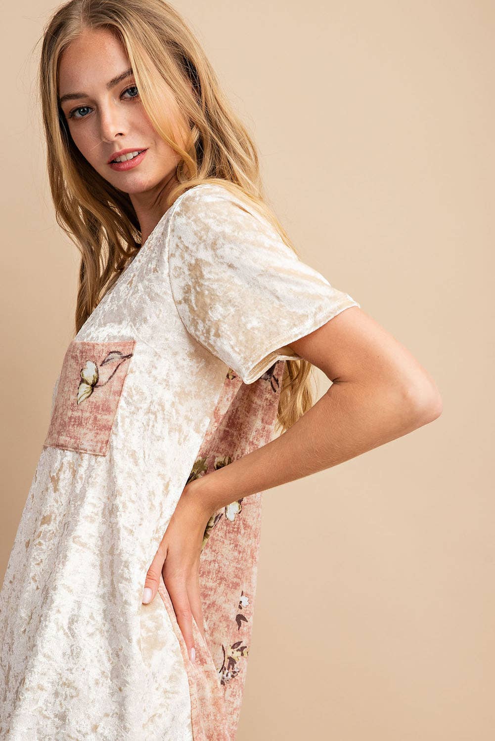 FSL Apparel - Wholesale Tunic - Women's - 3943FA - SOFT SHINING BRUSHED VELVET WITH FLORAL PRINTED CON2