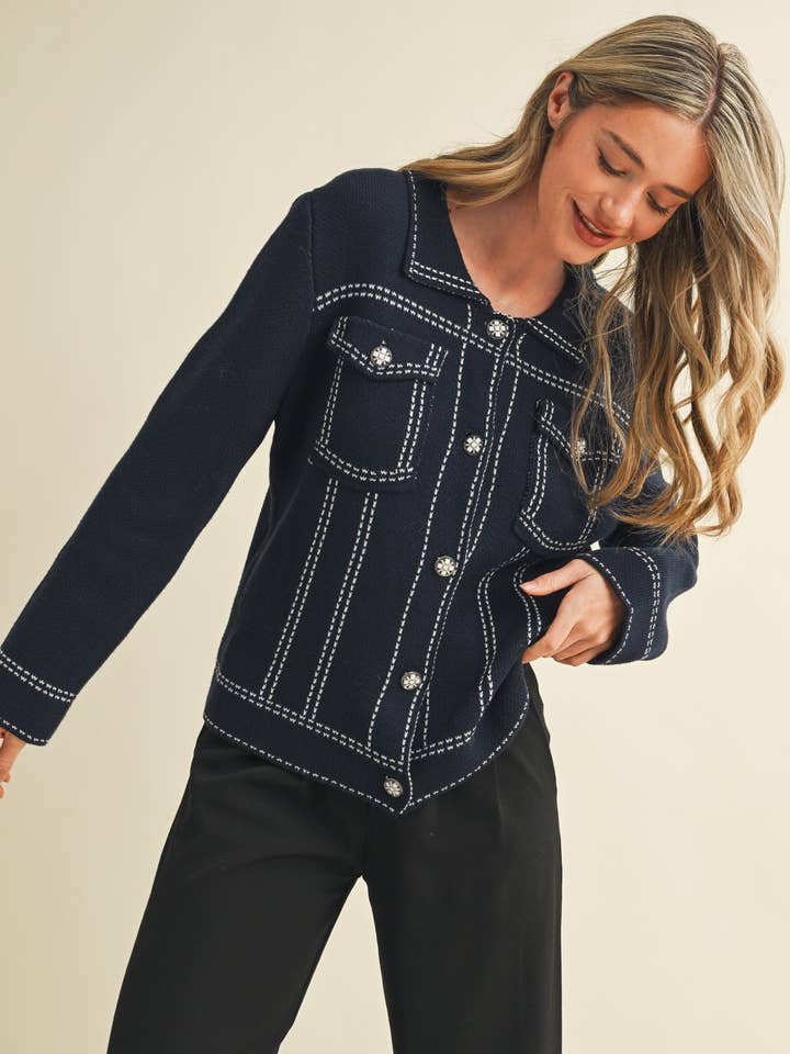 &MERCI - Wholesale Jacket - Women's - DENIM EFFECT KNIT SWEATER JACKET MSW1113013