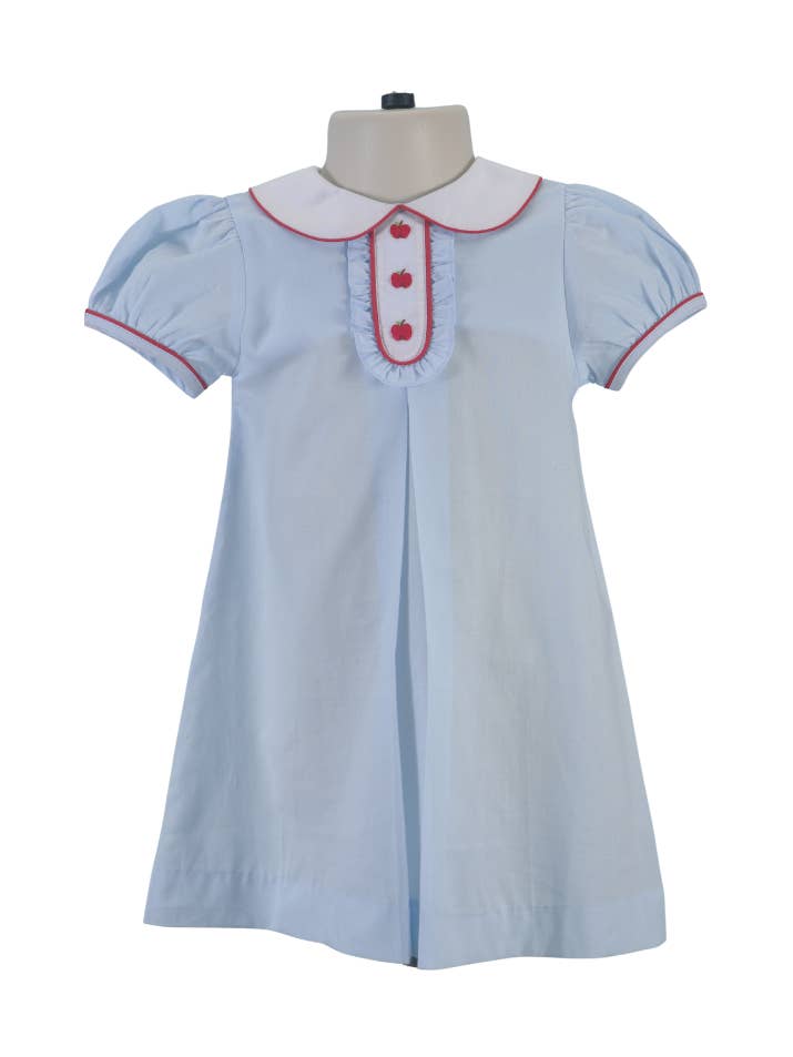 Blue Peter Pan Collar Pleated Dress With APPLES embroidered for wholesale by Hello Bebes!
