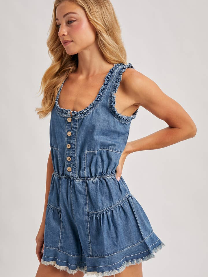 Bluivy - Wholesale Romper - Women's - BUTTON FRONT SCOOP NECK RUFFLED DENIM ROMPER13