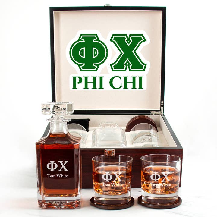 Phi Chi Cherry Wood Decanter Wood Gift Box Set With Rocks Glasses for wholesale by MB Brands Inc