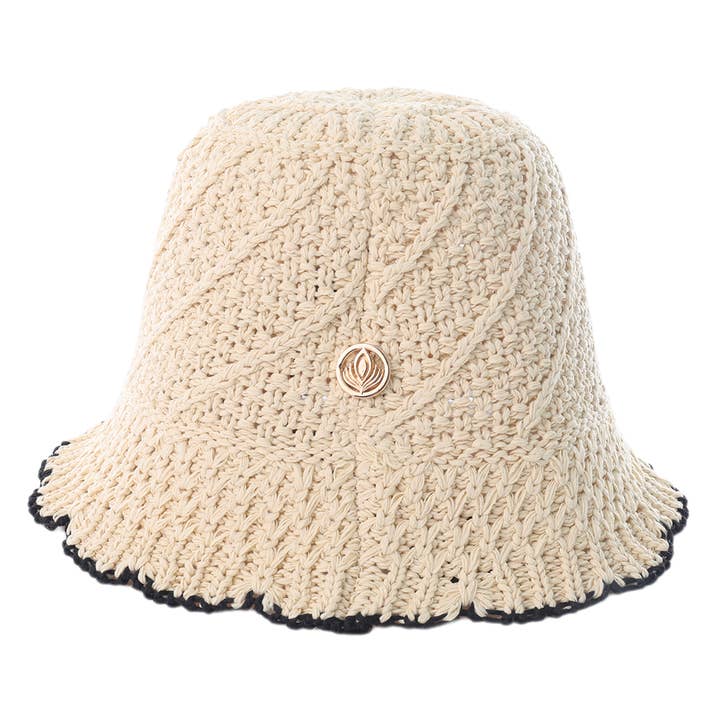 VIA FIORE Ivory Crocheted Bucket Hat with Dark Trim for wholesale by VIA FIORE