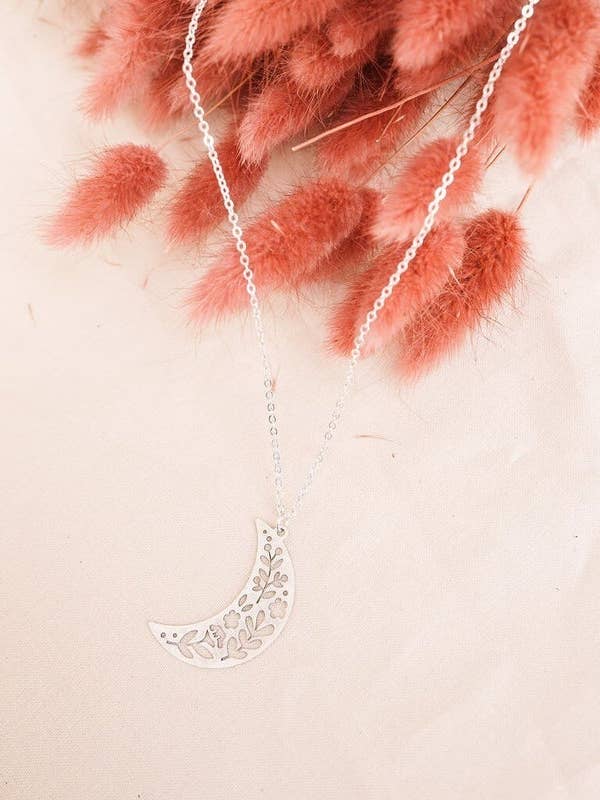 Floral Moon Silver Necklace for wholesale by Asher Grey