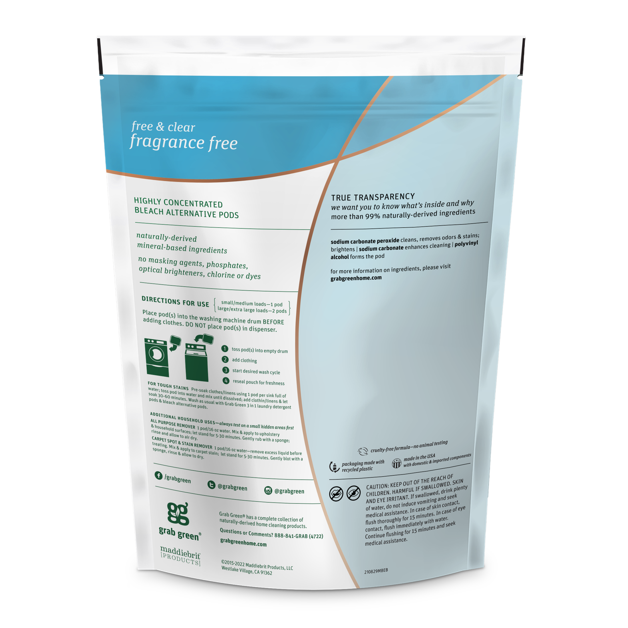 Grab Green - Wholesale Laundry Detergent Powder/Pods - Bleach Alternative Pods, Fragrance Free, 24 Loads1