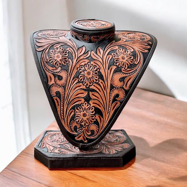 Western Linens - Wholesale Jewelry Stand & Display - Deluxe tooled leather necklace display