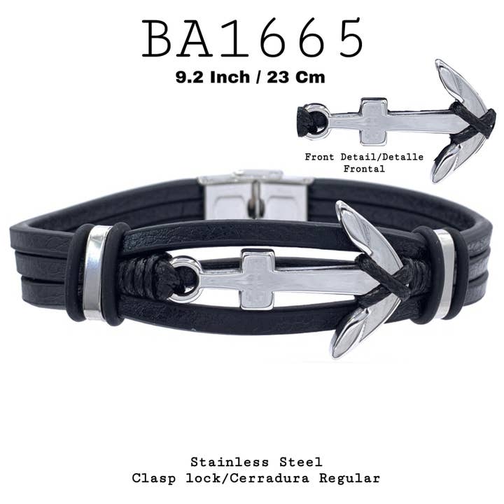 Anker-Armband aus schwarzem Kunstleder aus Edelstahl für den Großhandel von Nisso & Co. NYC Jewelry Wholesale