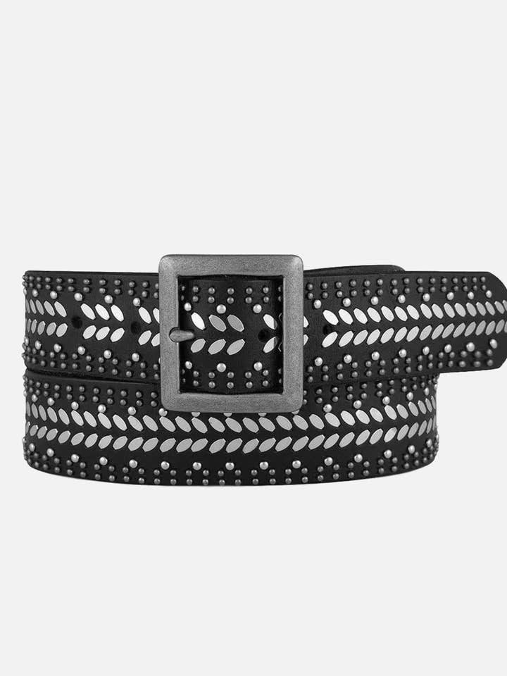 Ezra | Cintura in pelle con borchie e fibbia quadrata in oro e argento per la vendita all'ingrosso da parte di Amsterdam Heritage Belts, Bags, Apparel & Jackets EU