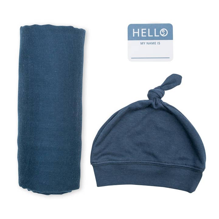 Lulujo Hello World Hat & Swaddle Set – Navy for wholesale by Mary Meyer
