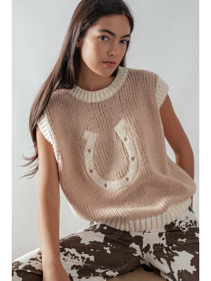 Urban Daizy - Wholesale Sweater Vest - Women's - Western Horseshoe Crochet Knit Ribbed Trim Sweater Vest2