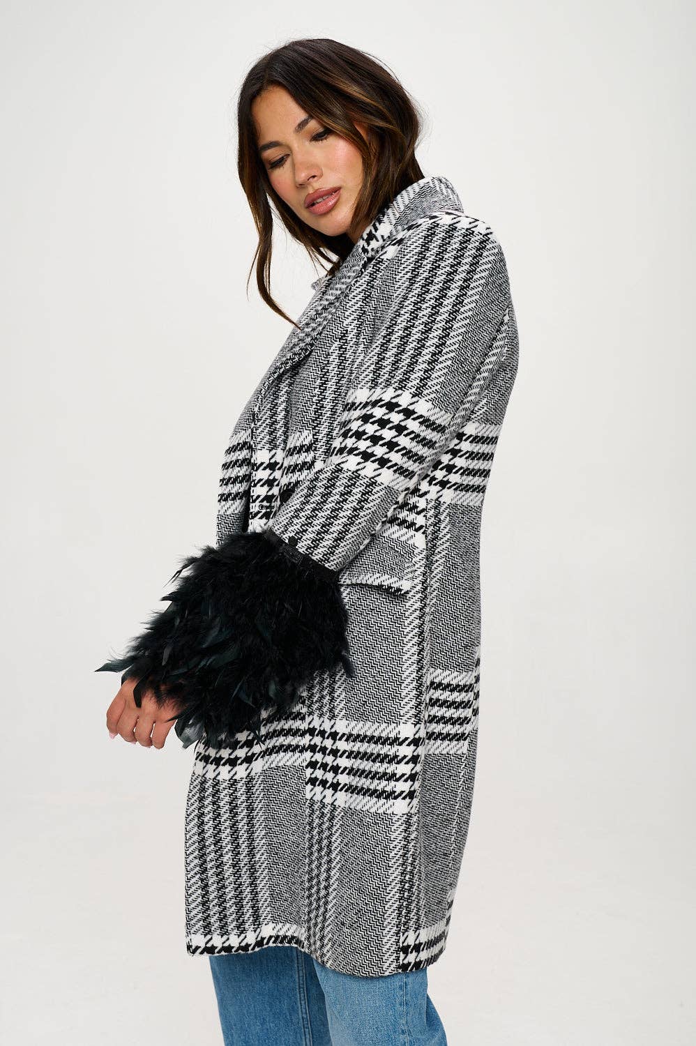 Black Multi WB243L1: Monochrome Masquerade Faux Fur-Cuffed Plaid Blazer for wholesale on Faire2